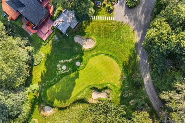 a aerial view of a swimming pool