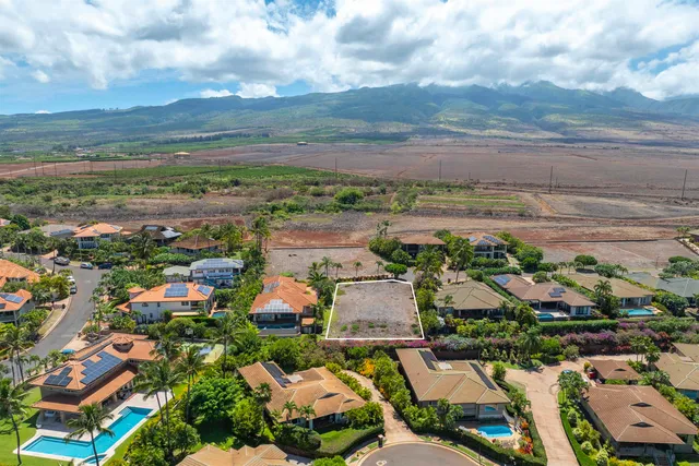 an aerial view of a houses with a lake