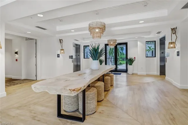 a view of a dining room with furniture