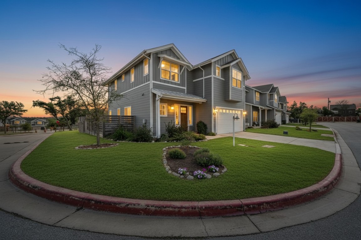a view of a house with a garden and pathway
