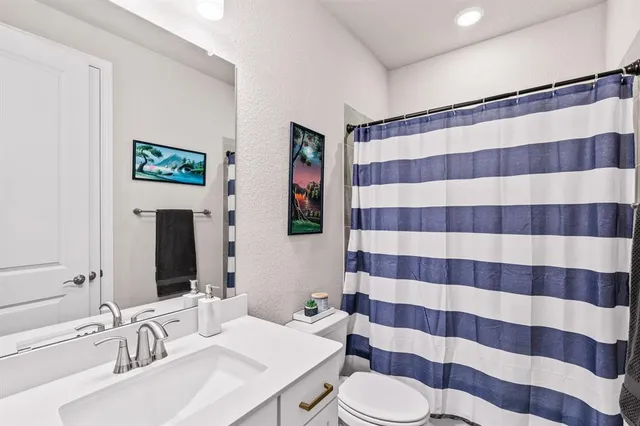 a bathroom with a sink a toilet a mirror and shower curtain