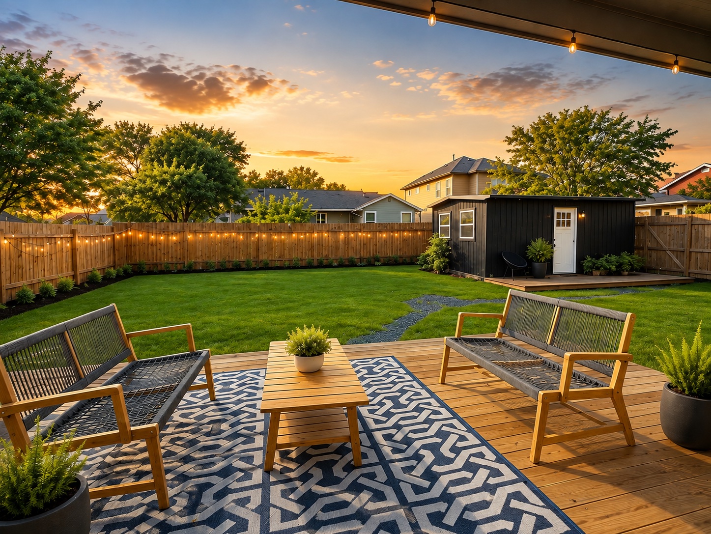 An expansive wooden deck overlooks a manicured green lawn enclosed by privacy fencing.