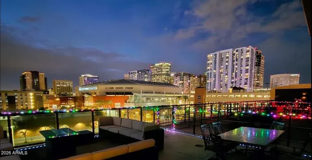 a city view with tall buildings