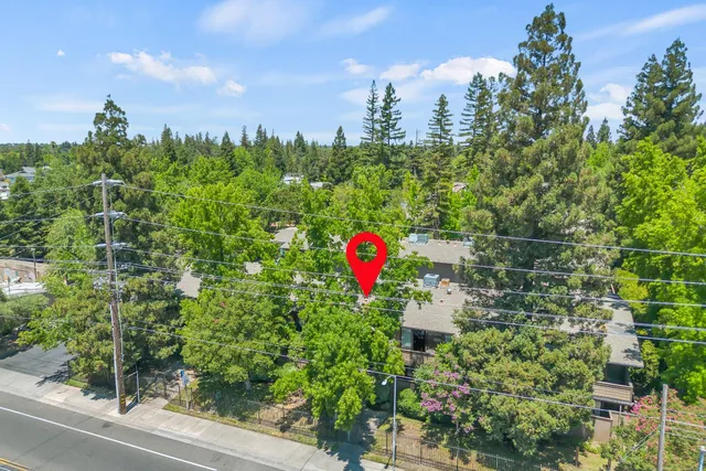 a view of a multi story building with a yard and plants
