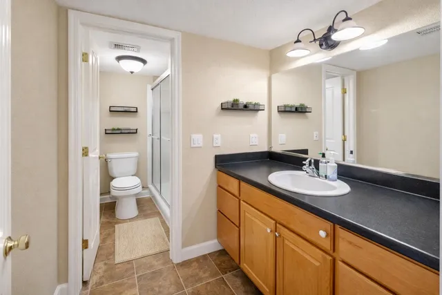 a bathroom with a granite countertop sink a toilet and a mirror