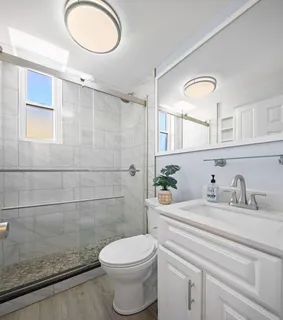 a bathroom with a sink a toilet and a mirror