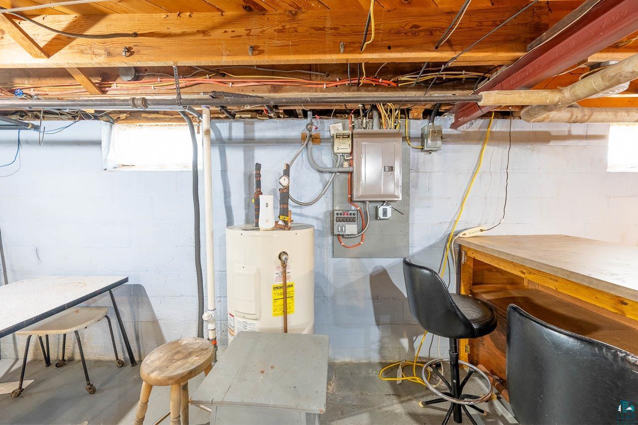 101 2nd Avenue North Biwabik, MN 55708 - Photo 31 of 44 Exposed ceiling joists and beams, concrete block walls, electrical panel, water heater, and built-in wood bar