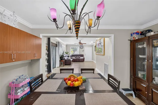 a view of a dining room with furniture