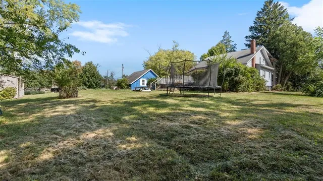 a big yard with plants and large trees