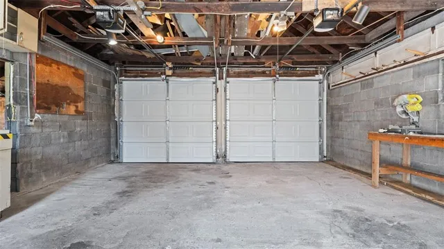 a view of a garage of wooden wall