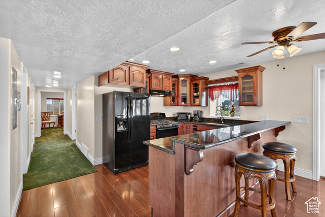 4768 East Hickman Canyon Road Stockton, UT 84071 - Photo 43 of 85 Basement kitchen with black appliances, dark wood-type flooring, recessed lighting, cabinets, and ceiling fan.