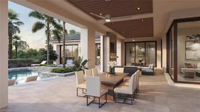 a view of a patio with chairs and tables