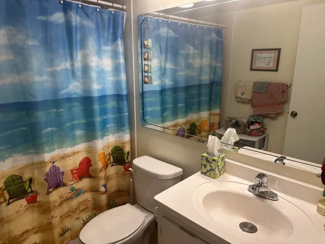 a bathroom with a sink mirror and toilet