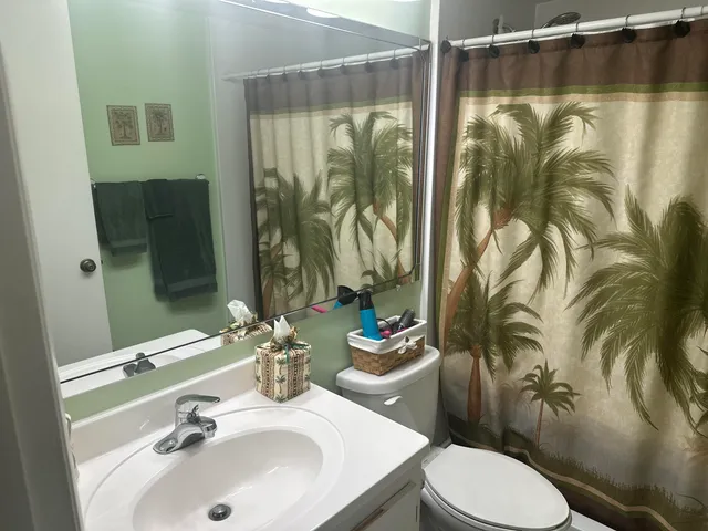 a bathroom with a sink and mirror with toilet