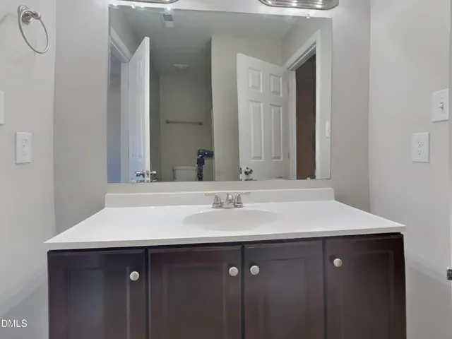 a bathroom with a sink vanity and a mirror