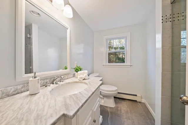 a bathroom with a granite countertop sink a toilet and a mirror