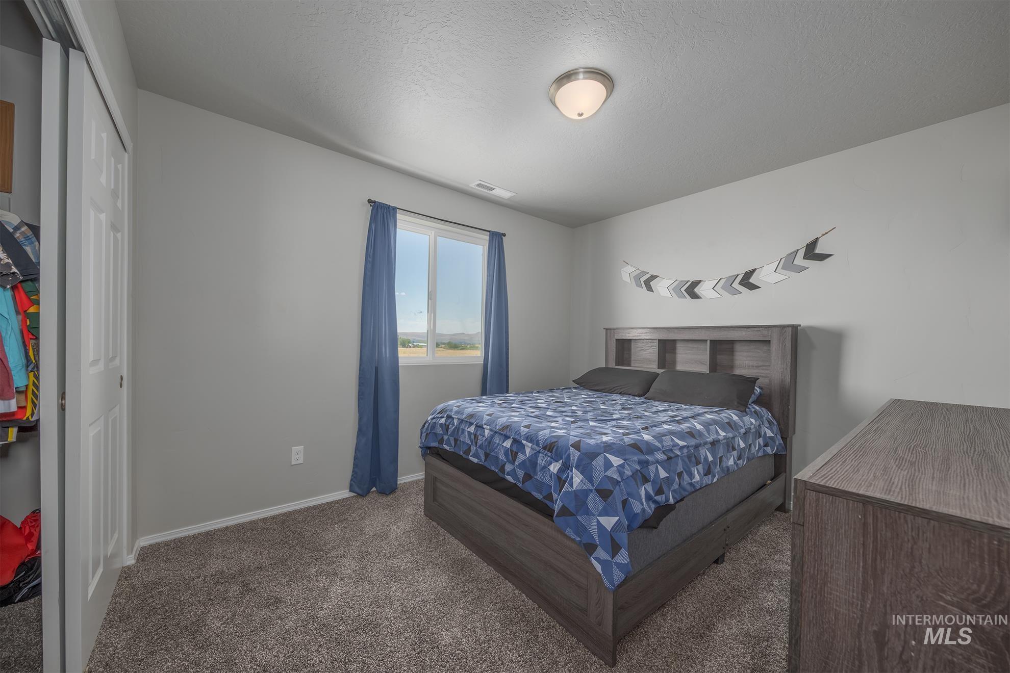 1049 Price Road Weiser, ID 83672 - Photo 27 of 47 Comfortable bedroom featuring neutral gray walls, plush carpeting, a double-paned window, and a built-in closet with bifold doors