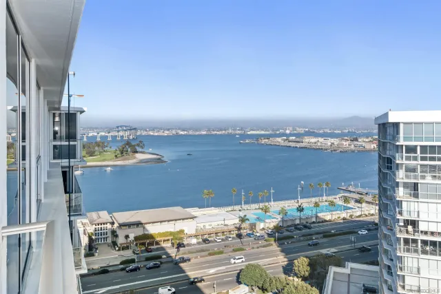 a view of a lake with a city