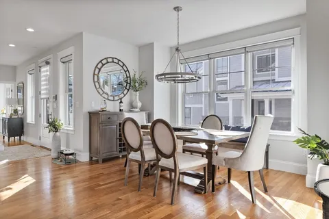 a view of a dining room with furniture window and wooden floor