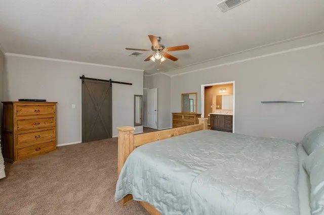a bedroom with a bed and a ceiling fan
