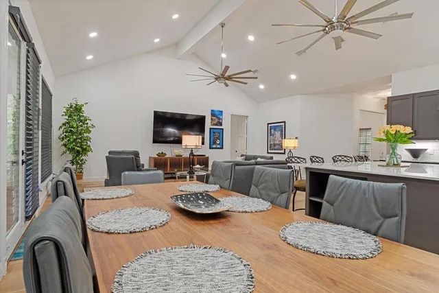 a view of a dining room with furniture