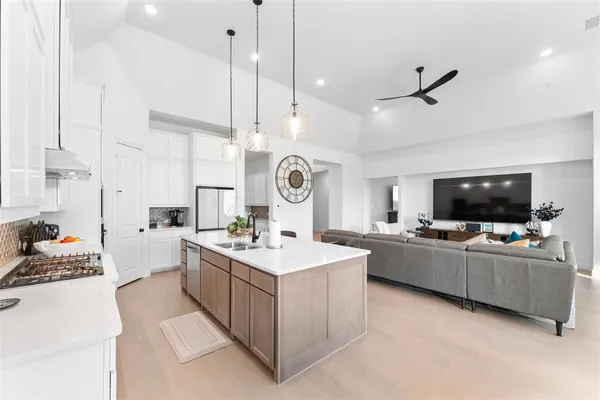 a large room with cabinets