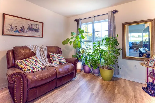 a living room with furniture and a potted plant