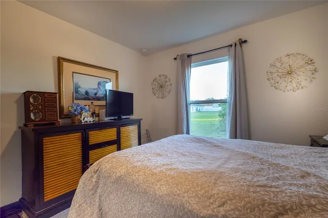 a bedroom with a bed and a television