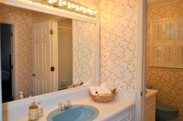 5237 Zebulon Road Macon, GA 31210 - Photo 21 of 33 a bathroom with a granite countertop sink a toilet and shower curtain