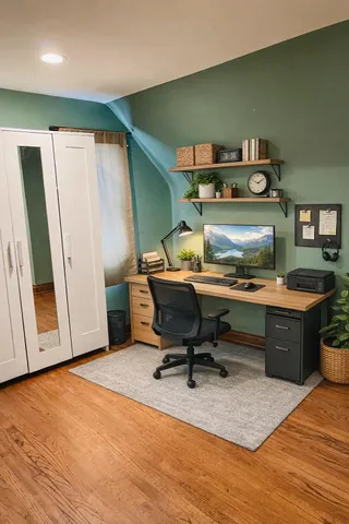 a bedroom with a bed and a mirror