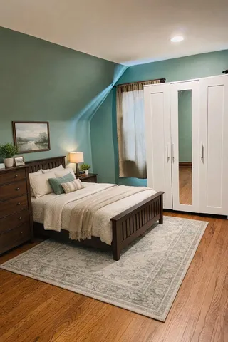 a bed sitting in a bedroom next to a window