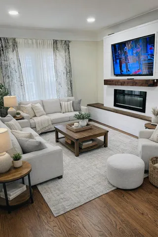 an empty room with wooden floor fireplace and windows