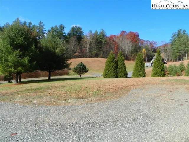 a view of a field with trees in the background