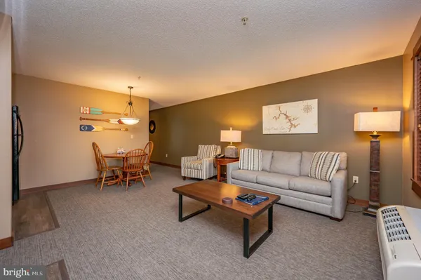 a living room with furniture and a lamp