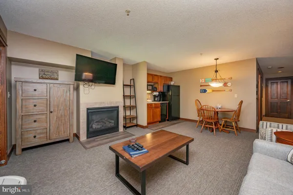 a living room with furniture a flat screen tv and a fireplace