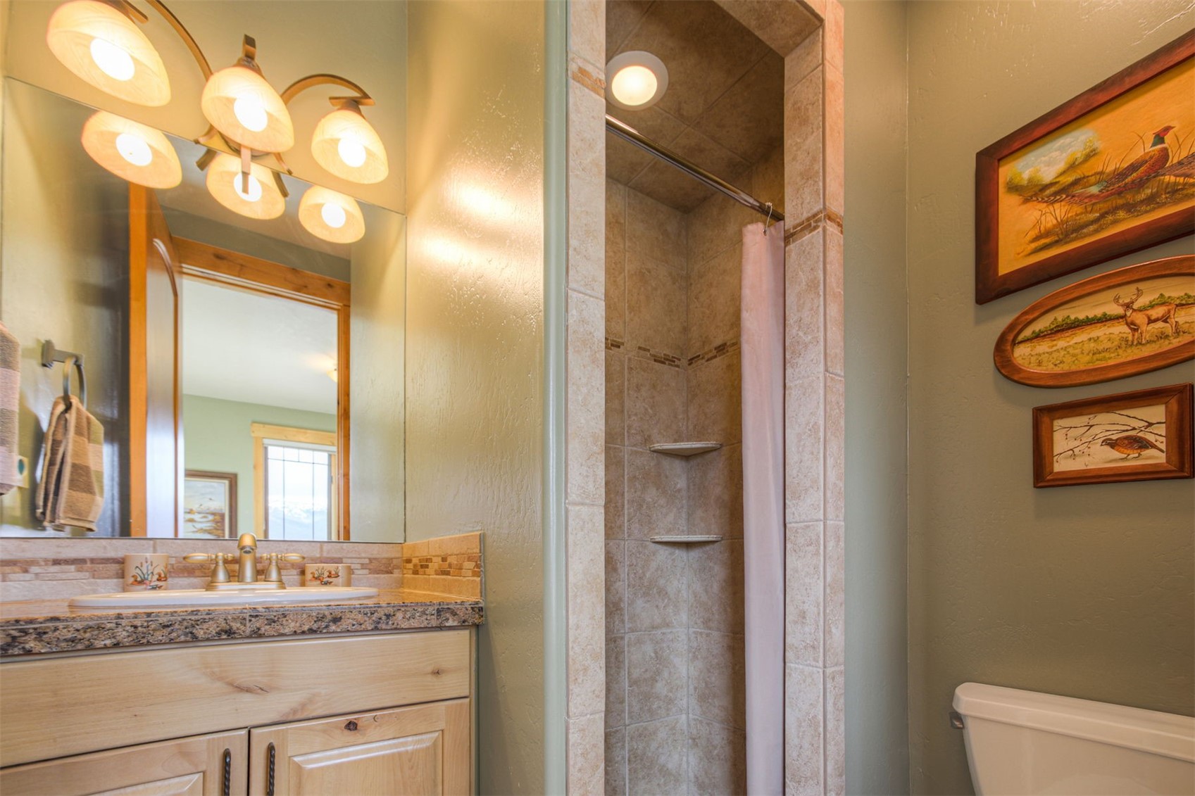 727 Willowbrook Road Silverthorne, CO 80498 - Photo 33 of 47 a bathroom with a granite countertop sink and a mirror