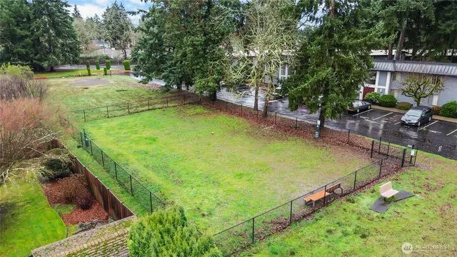 an aerial view of a backyard