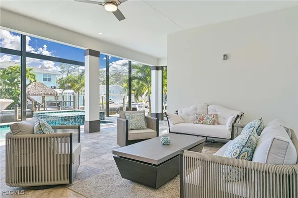 a living room with furniture and a floor to ceiling window