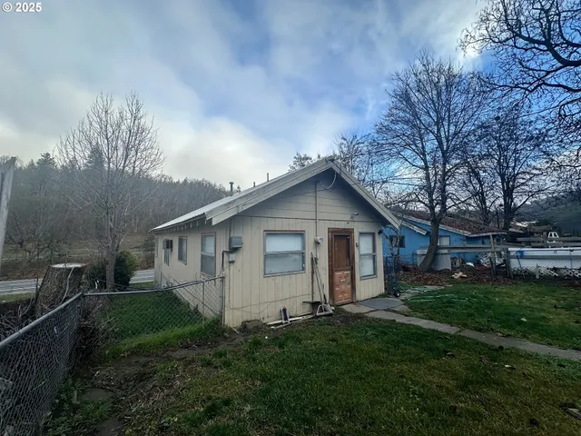 a view of backyard of house with green space