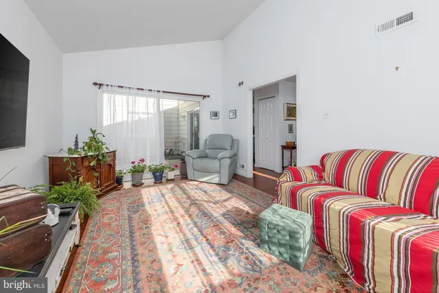 a living room with furniture lamp and a potted plant