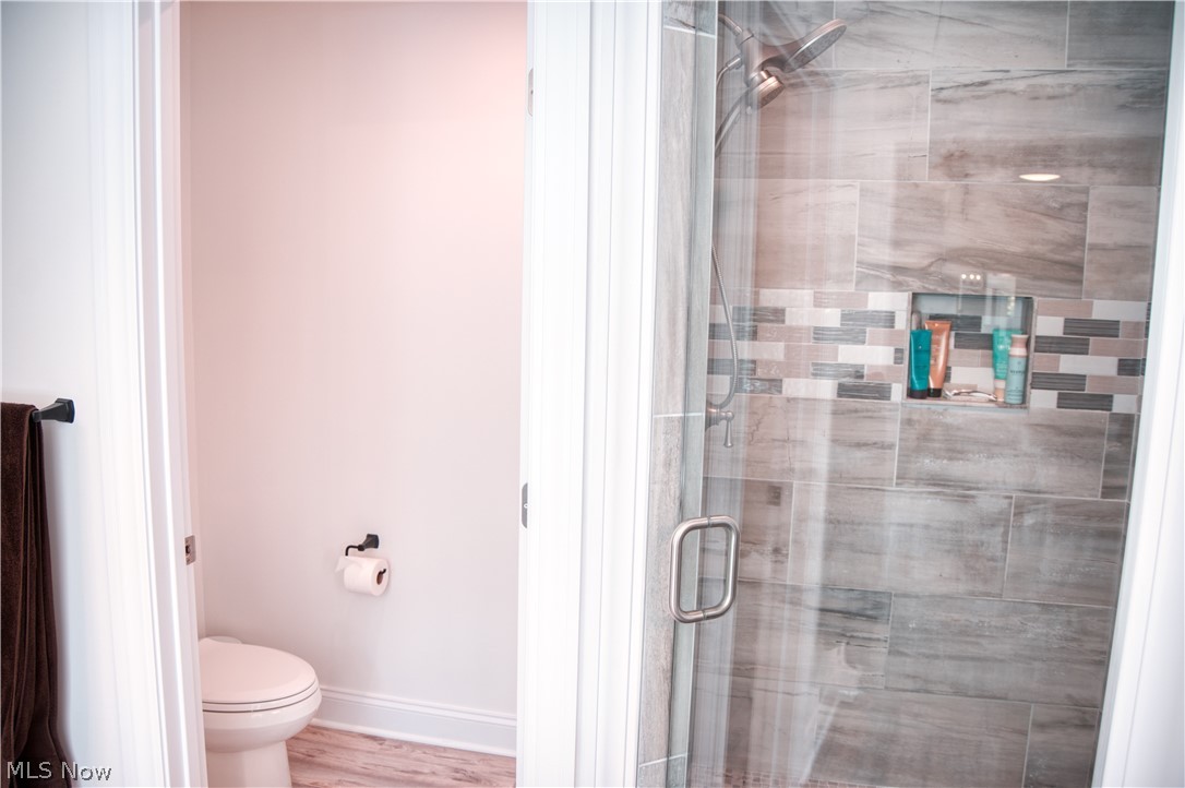 4553 Sharon Copley Road Medina, OH 44256 - Photo 11 of 32 Glass-enclosed shower with a rainfall showerhead, tiled walls featuring a decorative mosaic band, and an integrated shower niche