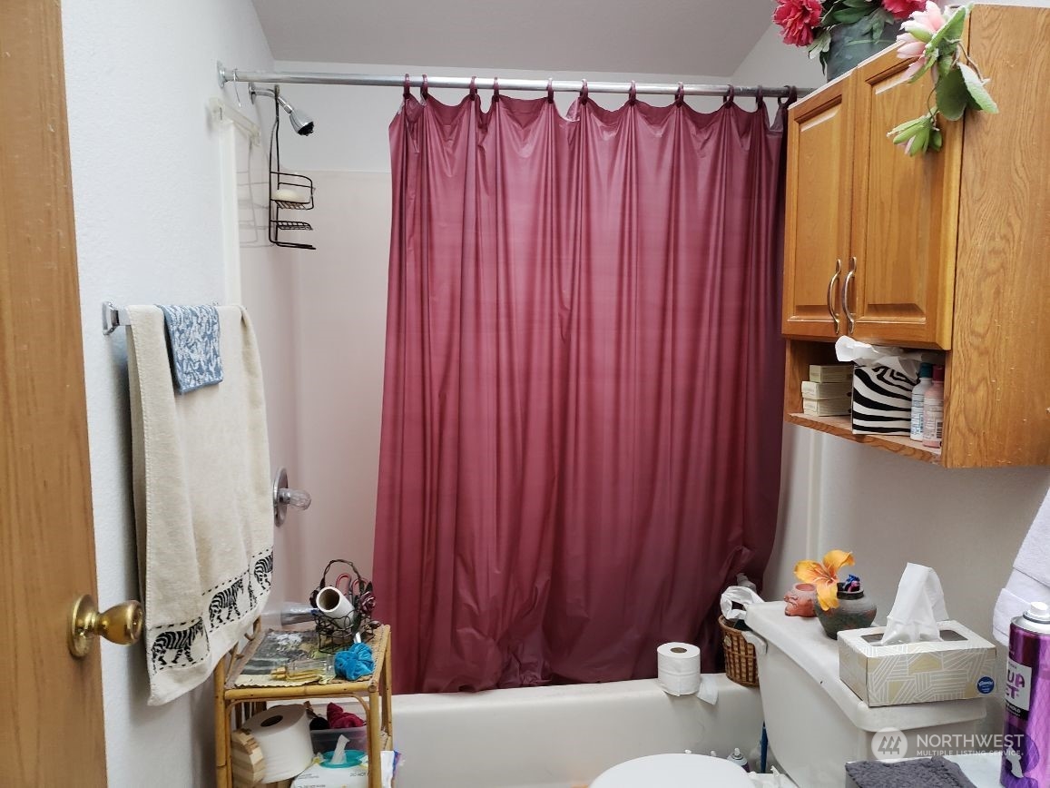 520 Willow Drive, Unit 111 Enumclaw, WA 98022 - Photo 14 of 26 a bathroom with a sink a toilet and shower curtain