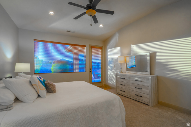 2212 Chippenham Court St. George, UT 84770 - Photo 17 of 75 Bedroom featuring access to exterior, a ceiling fan, light carpet, vaulted ceiling, and recessed lighting