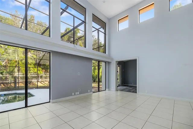 an aerial view of a swimming pool