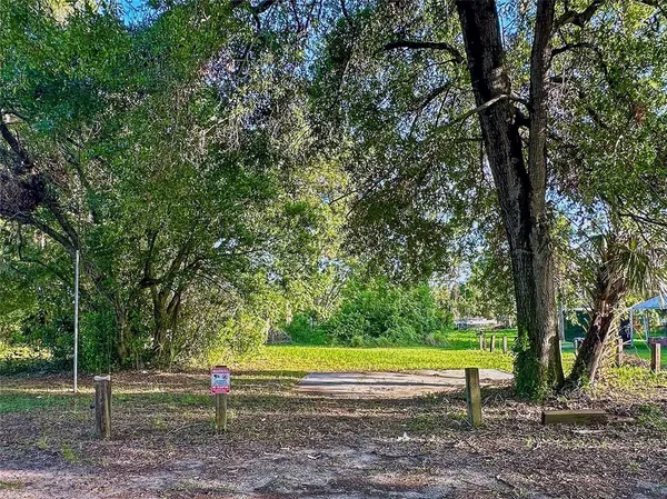 a view of a swimming pool and trees in the background