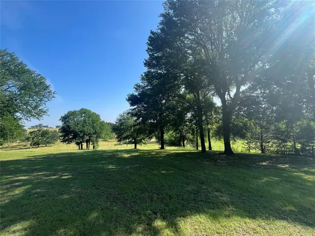a view of grassy field with benches and trees all around