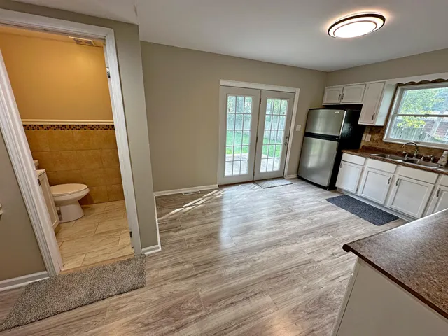 a view of a kitchen from a window
