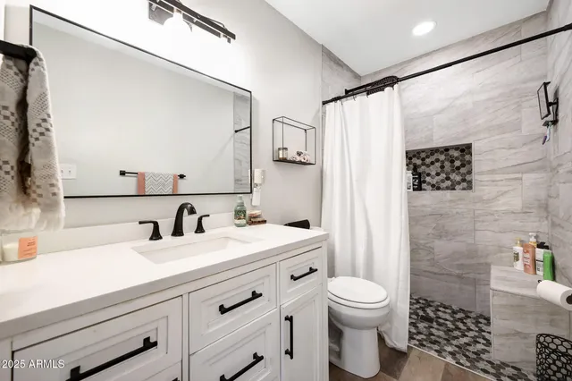 a bathroom with a sink a toilet and shower