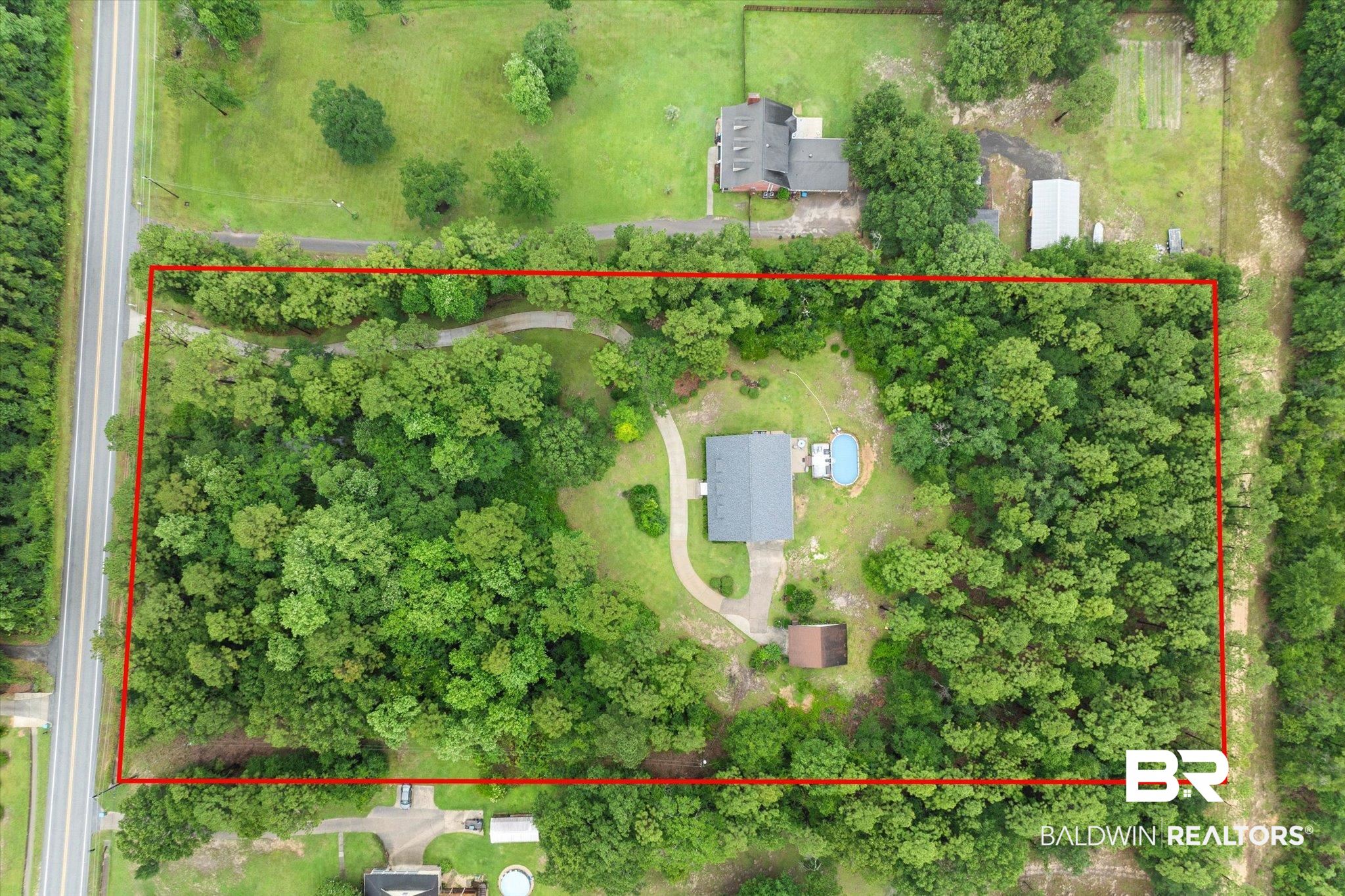 2300 Radcliff Road Saraland, AL 36571 - Photo 43 of 56 Aerial view of property and surrounding area with property boundaries highlighted