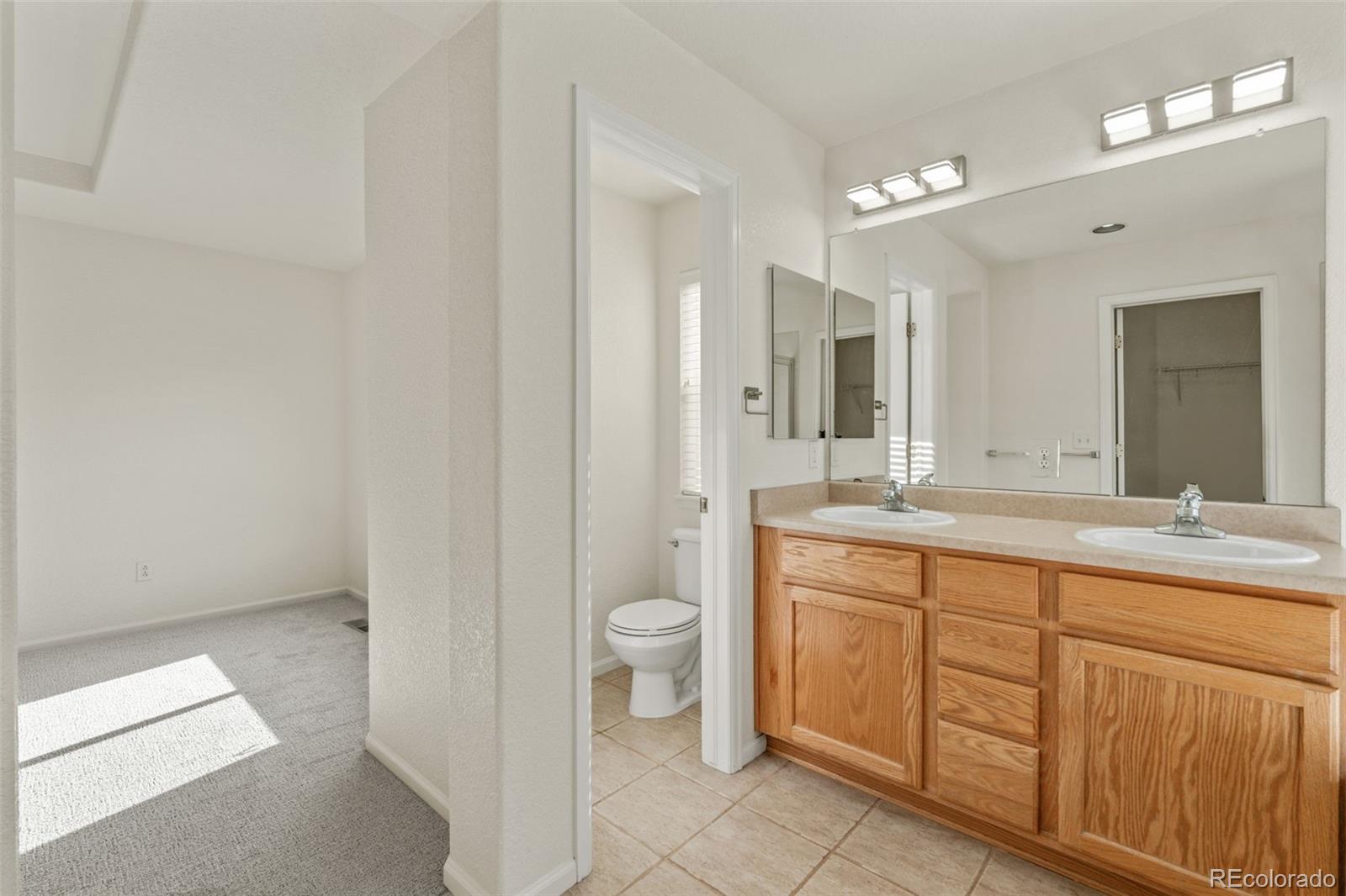 10665 Evondale Street Highlands Ranch, CO 80126 - Photo 23 of 45 a spacious bathroom with a double vanity sink a toilet and a mirror